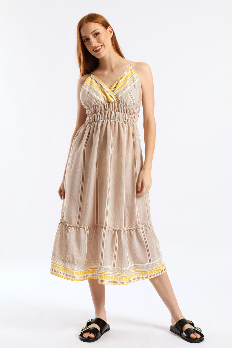 Strappy V-Neck Frill Hem Elasticated Waist Midi Dress - Stone/White