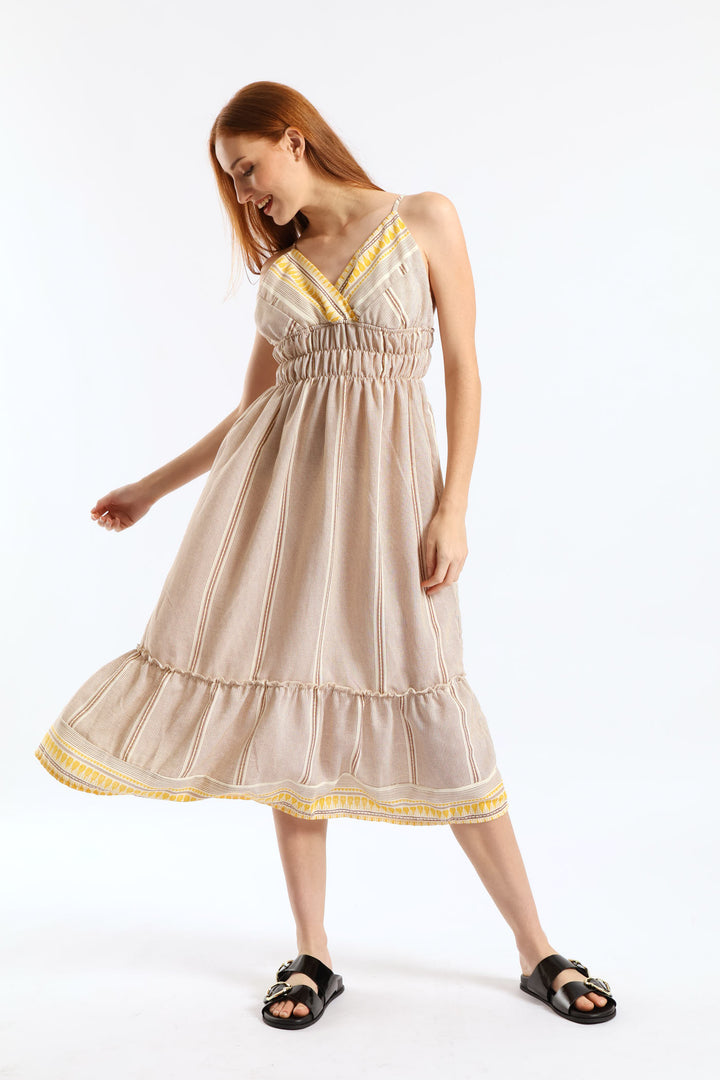 Strappy V-Neck Frill Hem Elasticated Waist Midi Dress - Stone/White