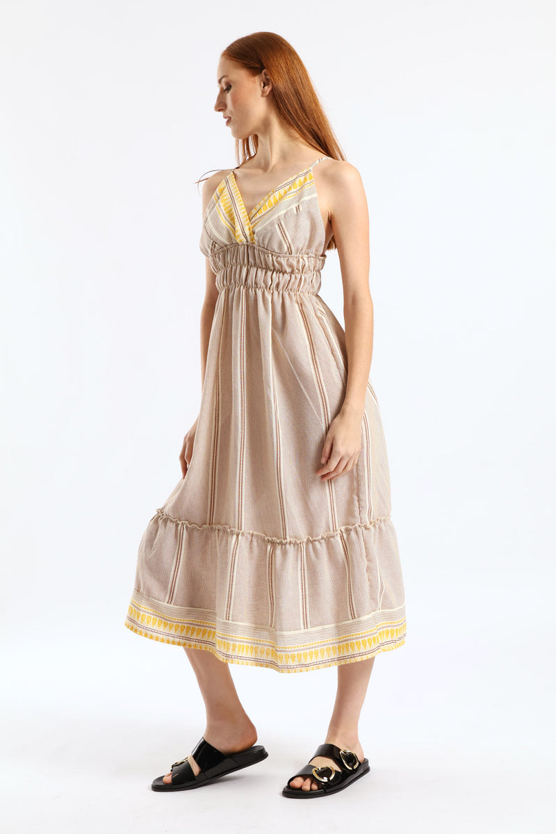 Strappy V-Neck Frill Hem Elasticated Waist Midi Dress - Stone/White