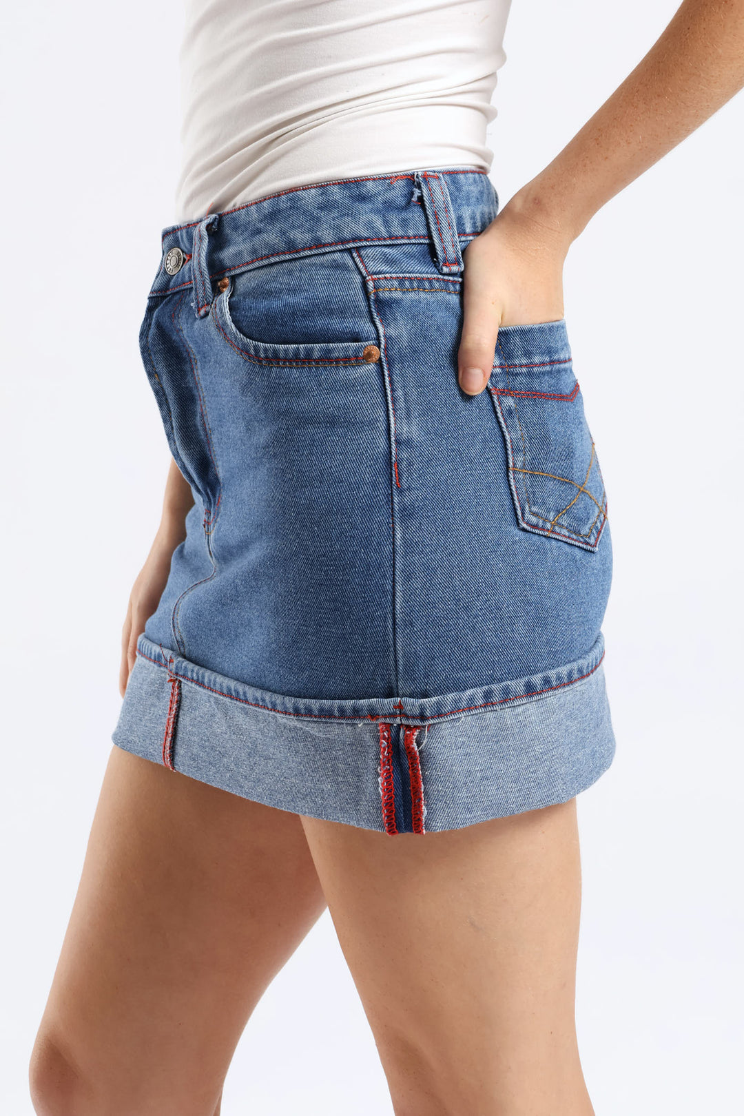 Turn Up Denim Mini Skirt - Salty Mid Wash