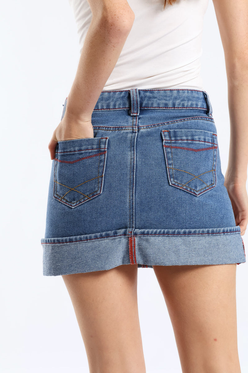 Turn Up Denim Mini Skirt - Salty Mid Wash