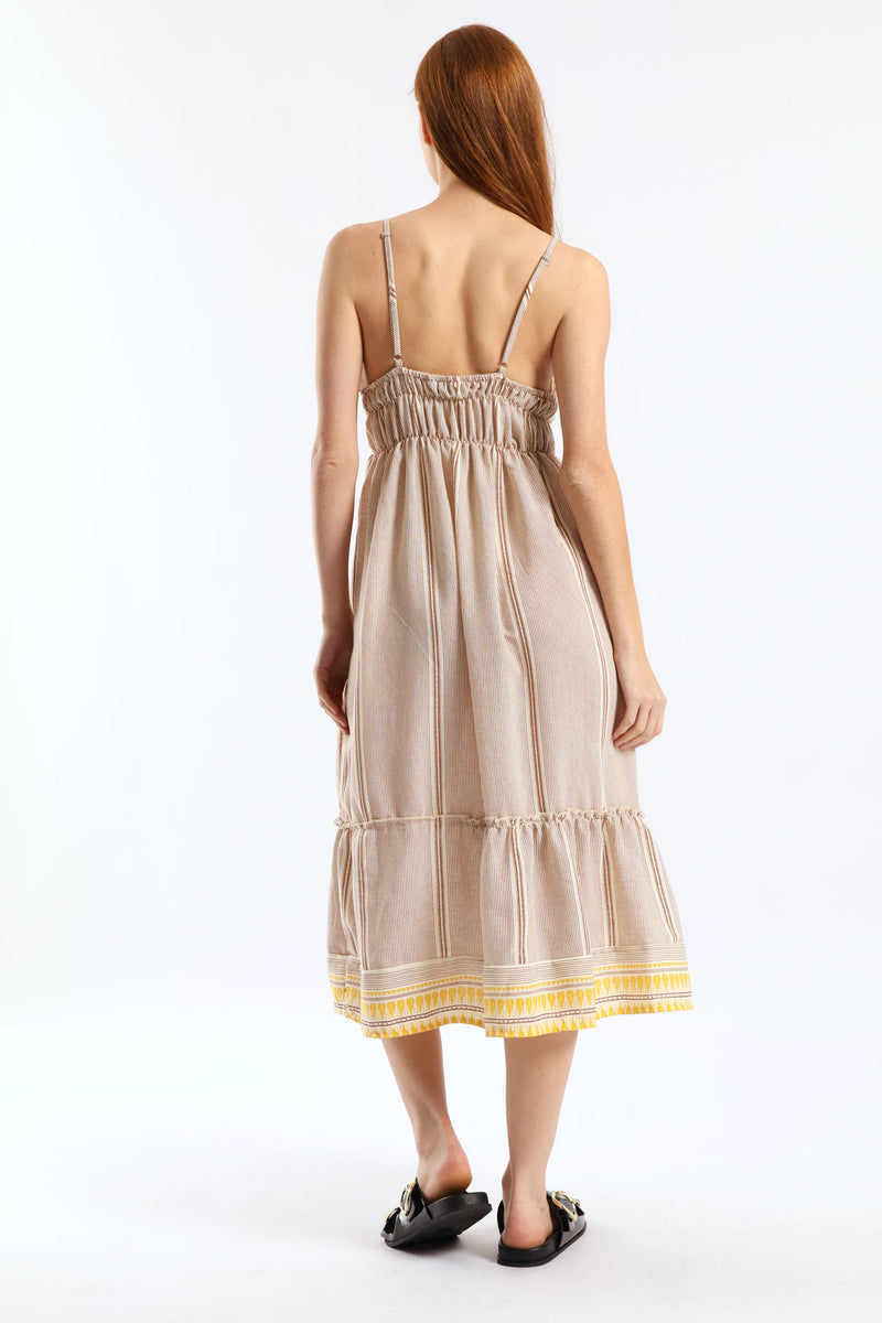 Strappy V-Neck Frill Hem Elasticated Waist Midi Dress - Stone/White