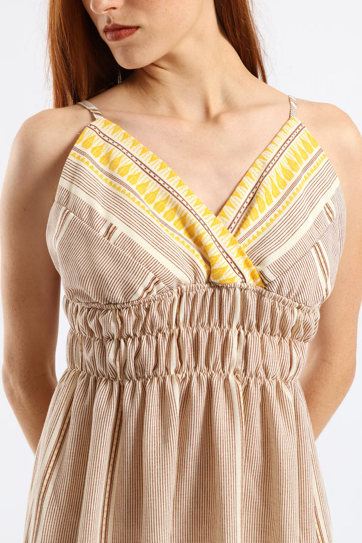 Strappy V-Neck Frill Hem Elasticated Waist Midi Dress - Stone/White