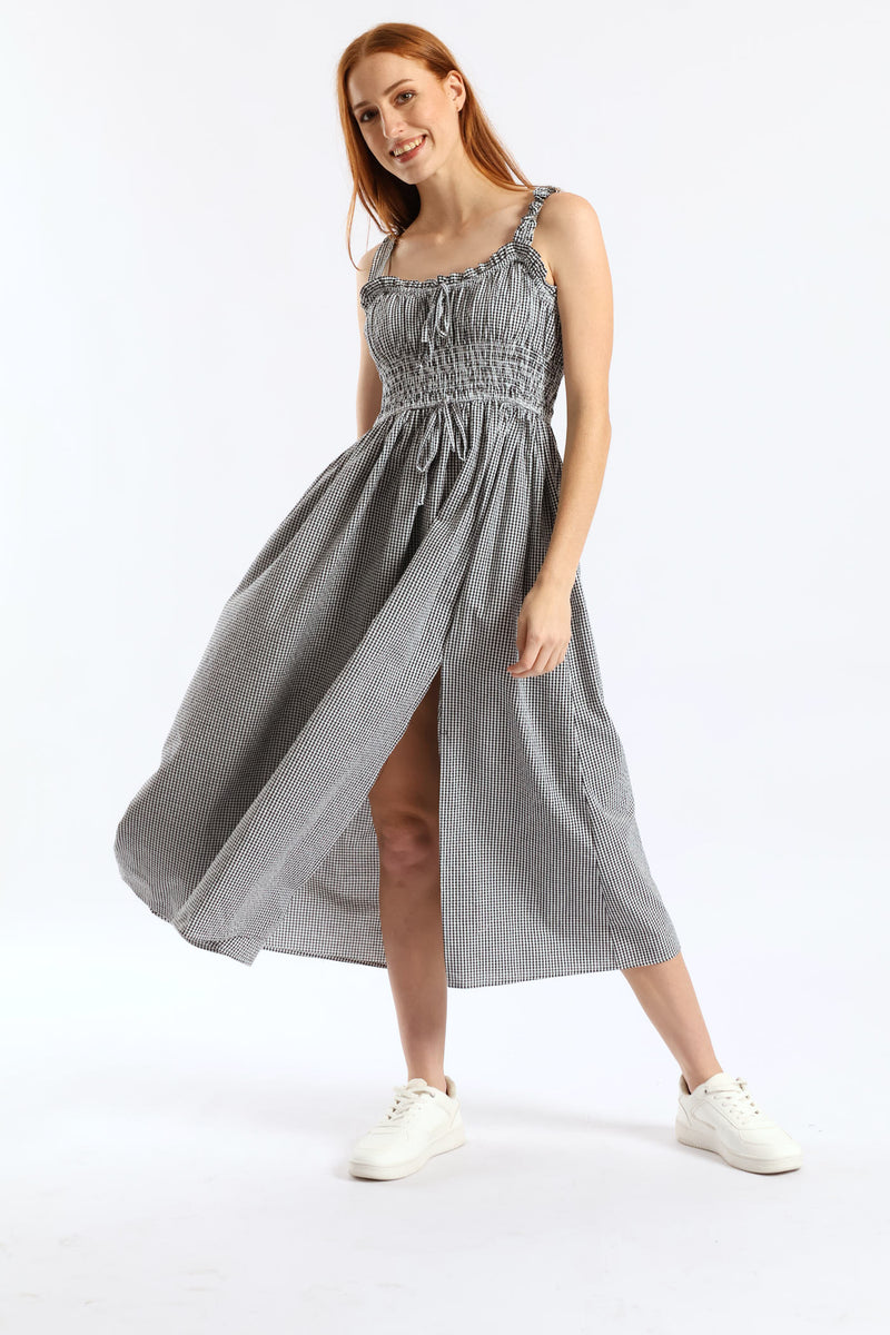 Gingham Strappy Tie Front Midi Dress - Black/White