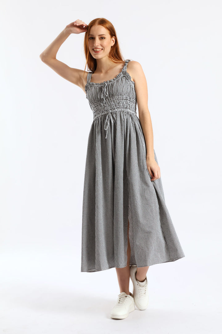 Gingham Strappy Tie Front Midi Dress - Black/White