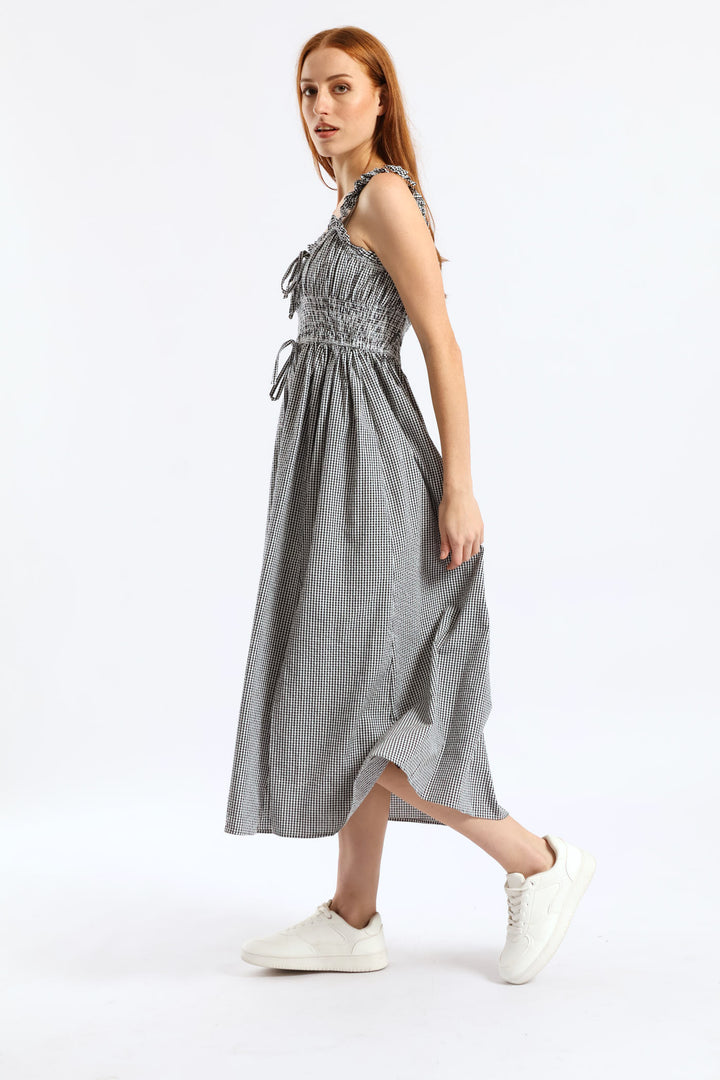 Gingham Strappy Tie Front Midi Dress - Black/White