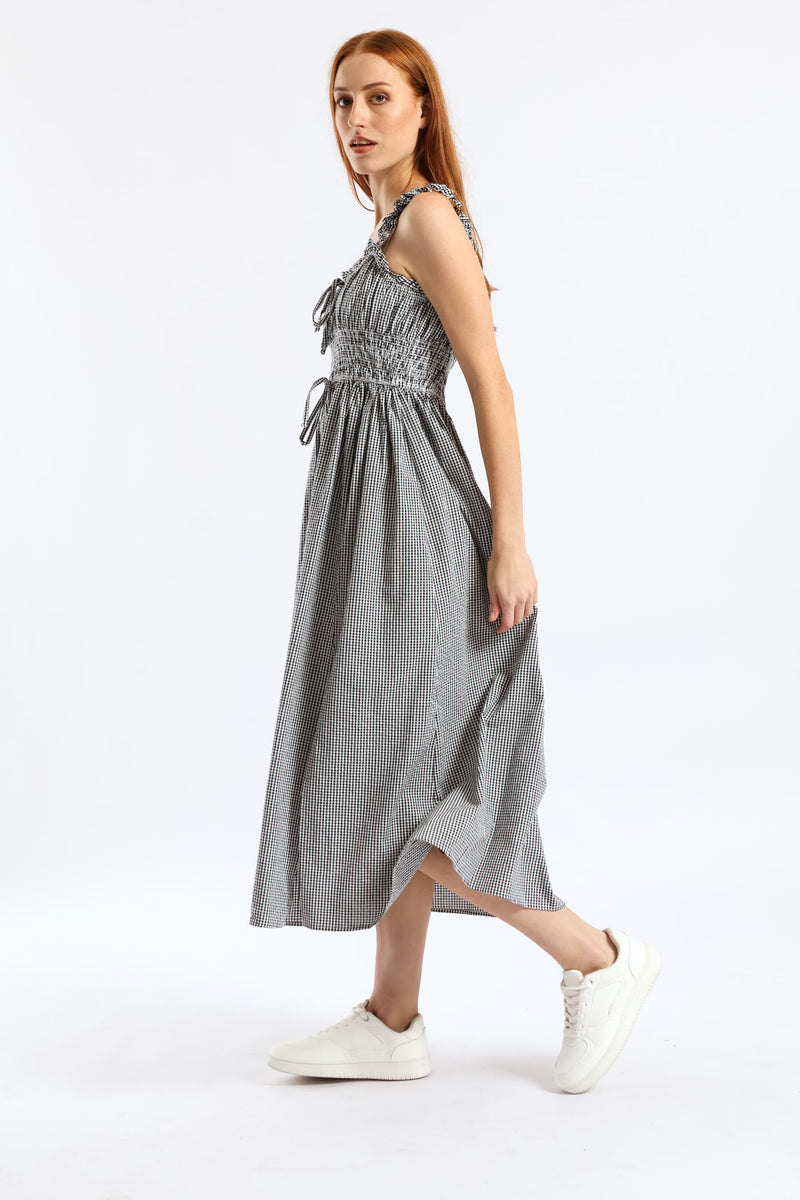 Gingham Strappy Tie Front Midi Dress - Black/White