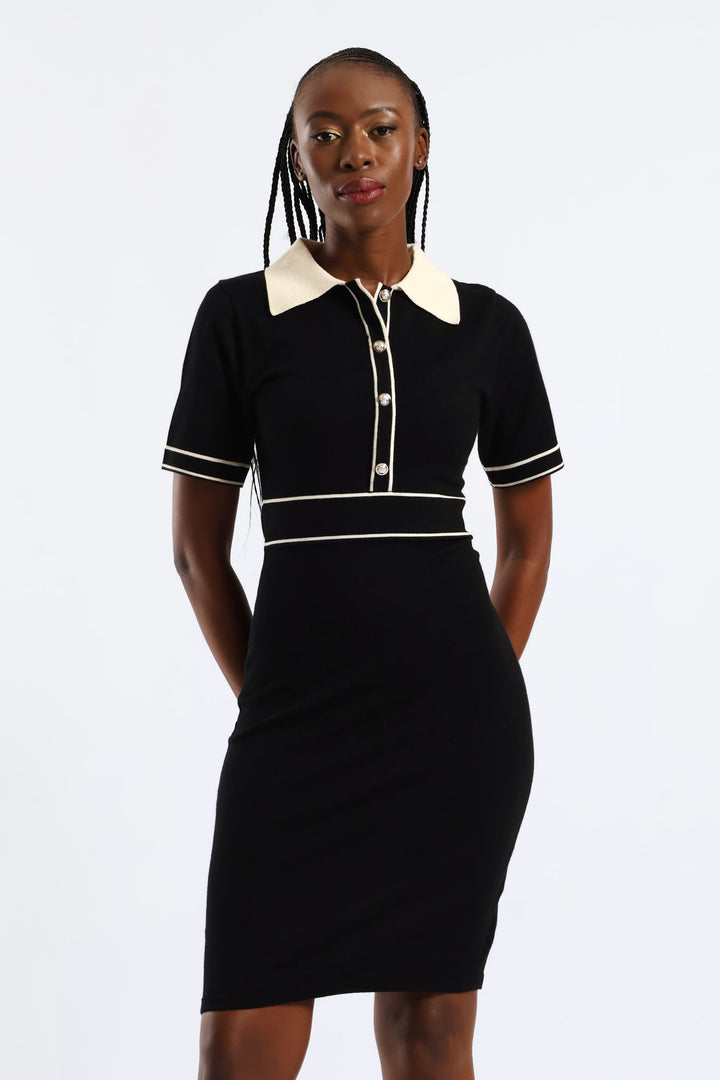 Collared Contrast Preppy Knitwear Dress - Black/Cream
