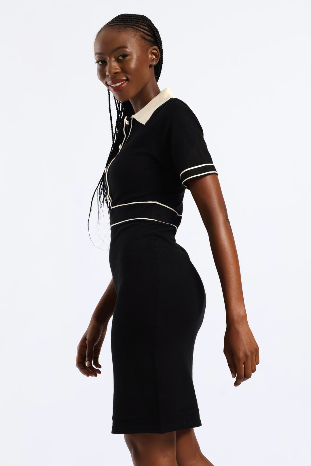 Collared Contrast Preppy Knitwear Dress - Black/Cream