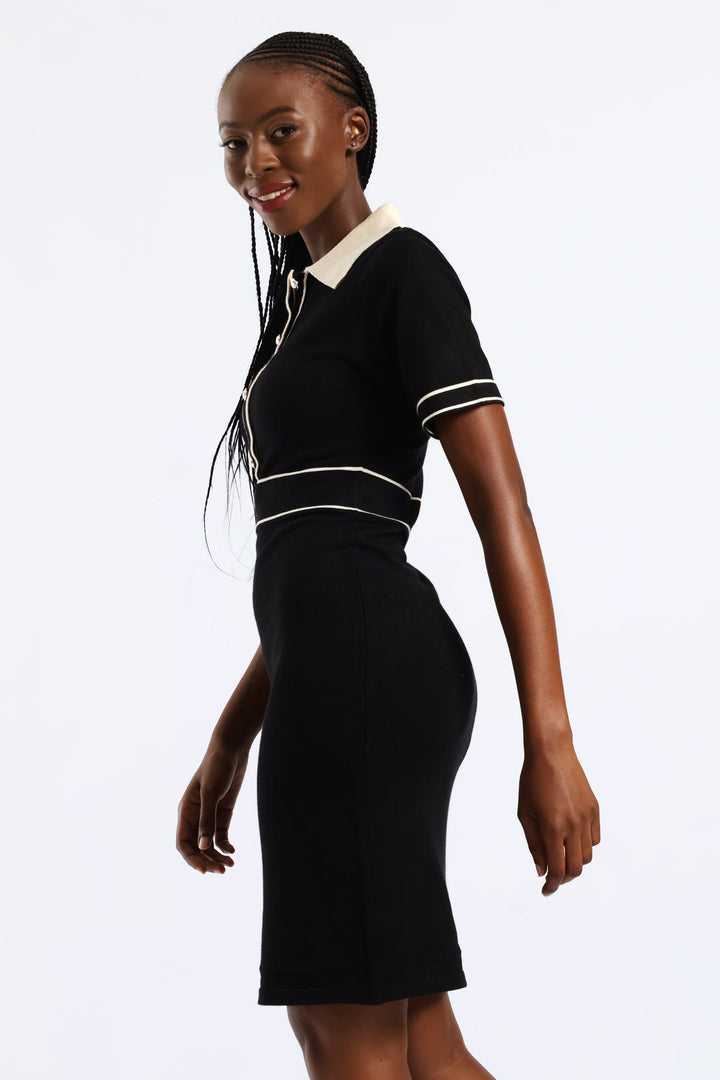Collared Contrast Preppy Knitwear Dress - Black/Cream
