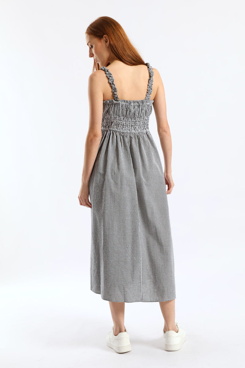 Gingham Strappy Tie Front Midi Dress - Black/White