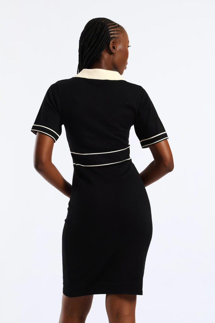 Collared Contrast Preppy Knitwear Dress - Black/Cream