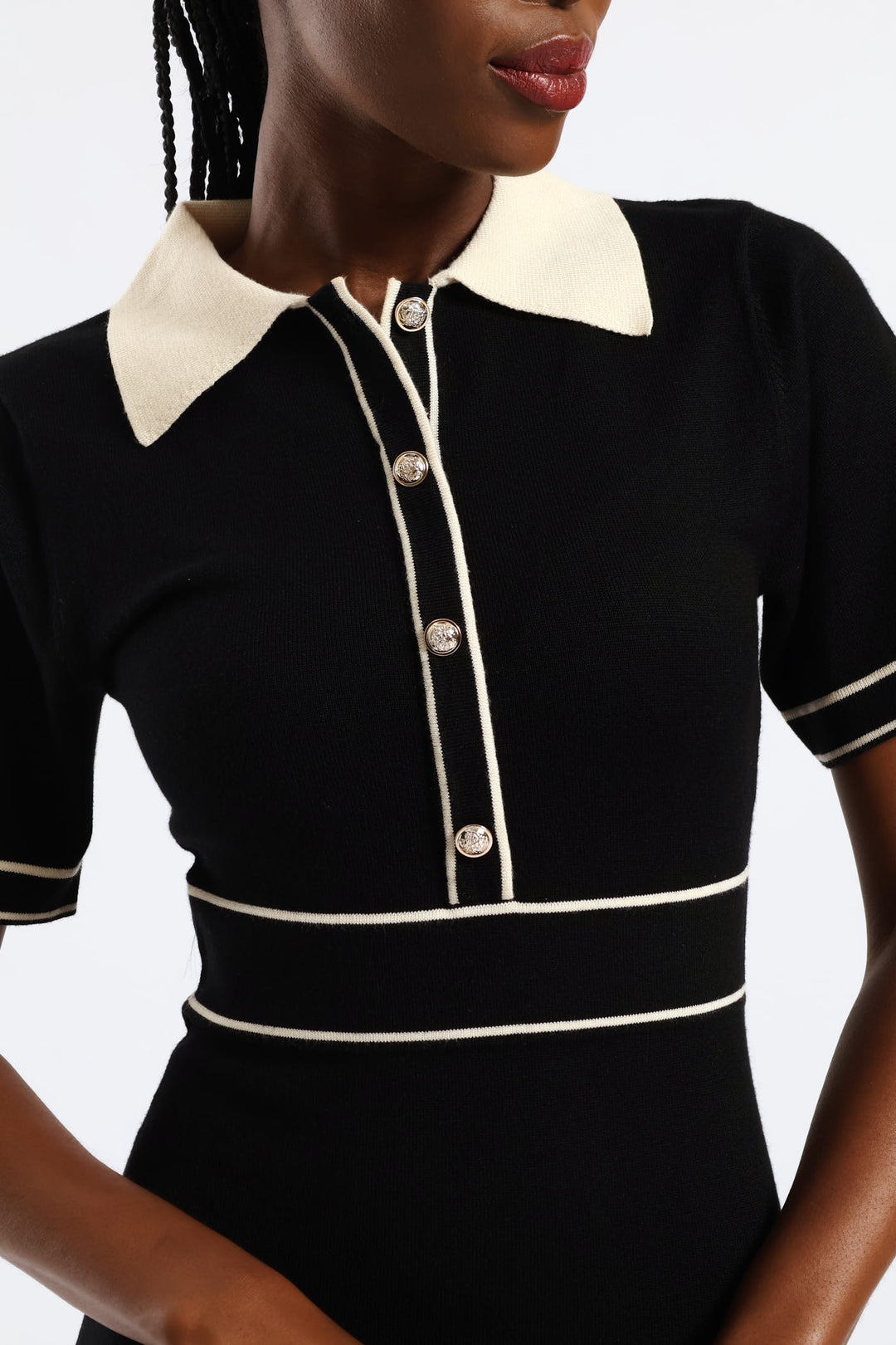 Collared Contrast Preppy Knitwear Dress - Black/Cream