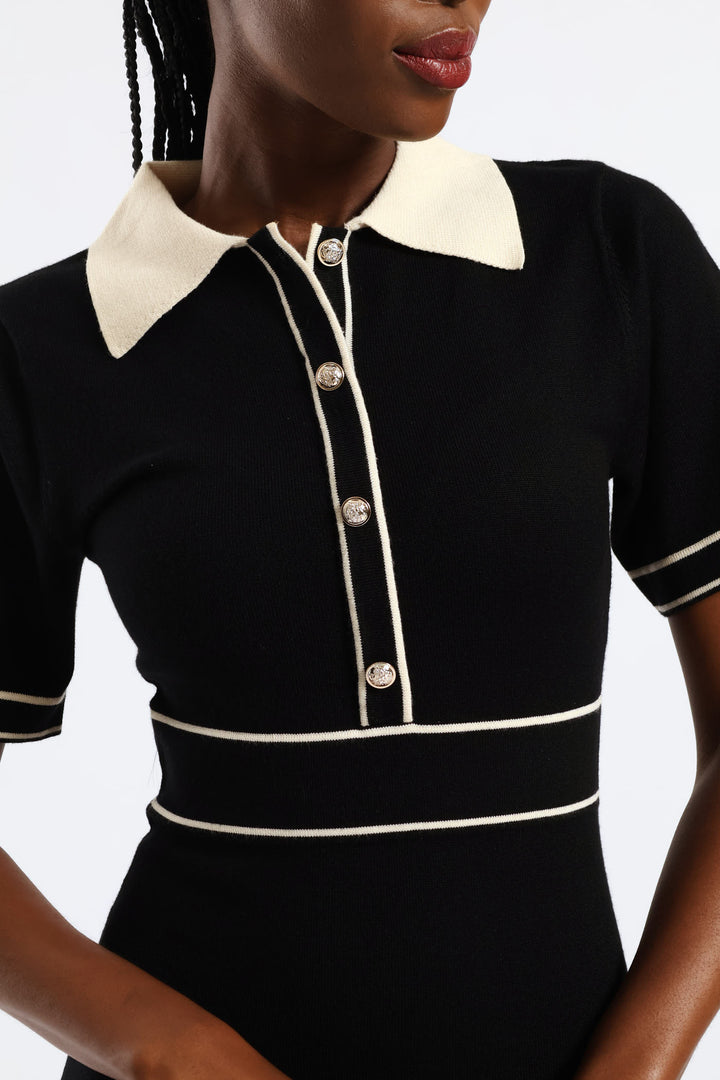 Collared Contrast Preppy Knitwear Dress - Black/Cream