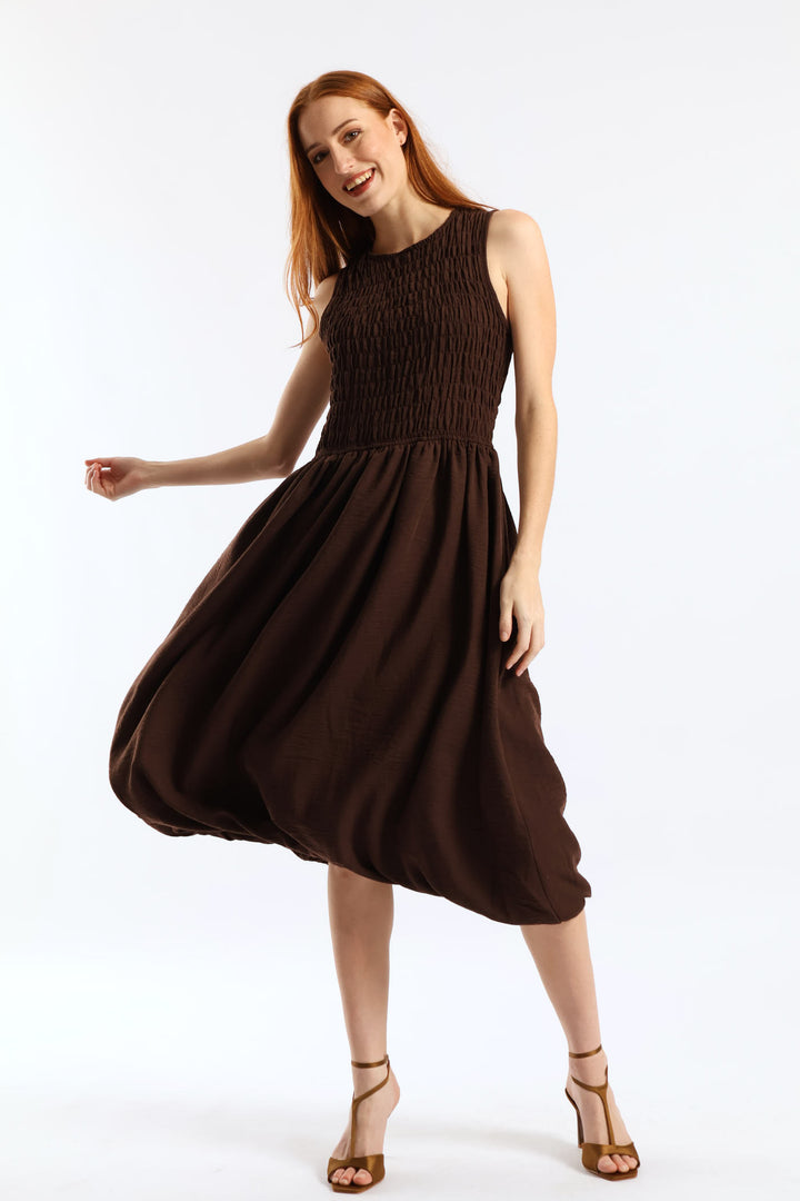 Shirred Bodice Fit & Flare Bubble Midaxi Dress - Dark Chocolate