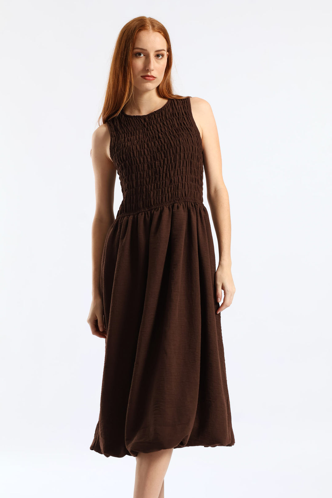 Shirred Bodice Fit & Flare Bubble Midaxi Dress - Dark Chocolate
