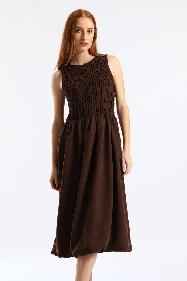 Shirred Bodice Fit & Flare Bubble Midaxi Dress - Dark Chocolate