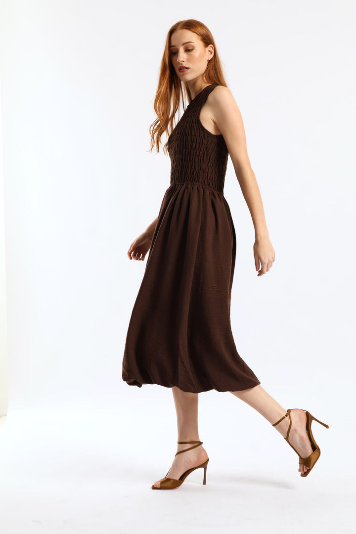 Shirred Bodice Fit & Flare Bubble Midaxi Dress - Dark Chocolate