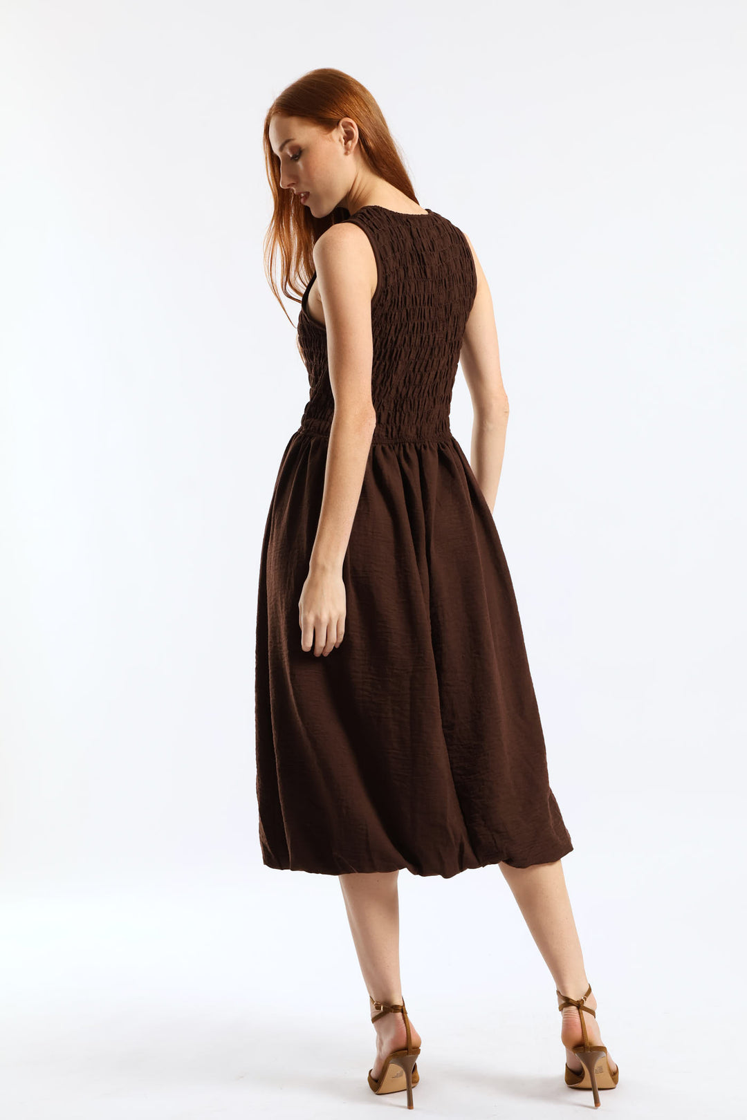 Shirred Bodice Fit & Flare Bubble Midaxi Dress - Dark Chocolate