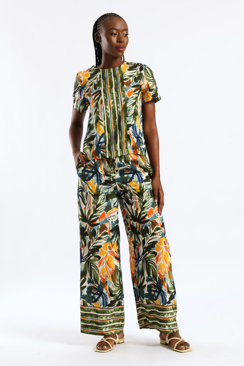 Pull On Print Wideleg Pant - Sage