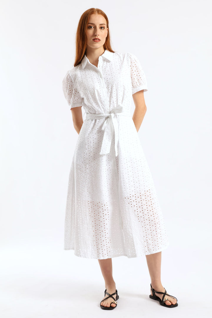 Puff Sleeve Self Belt Anglaise Shirt Midi Dress - White