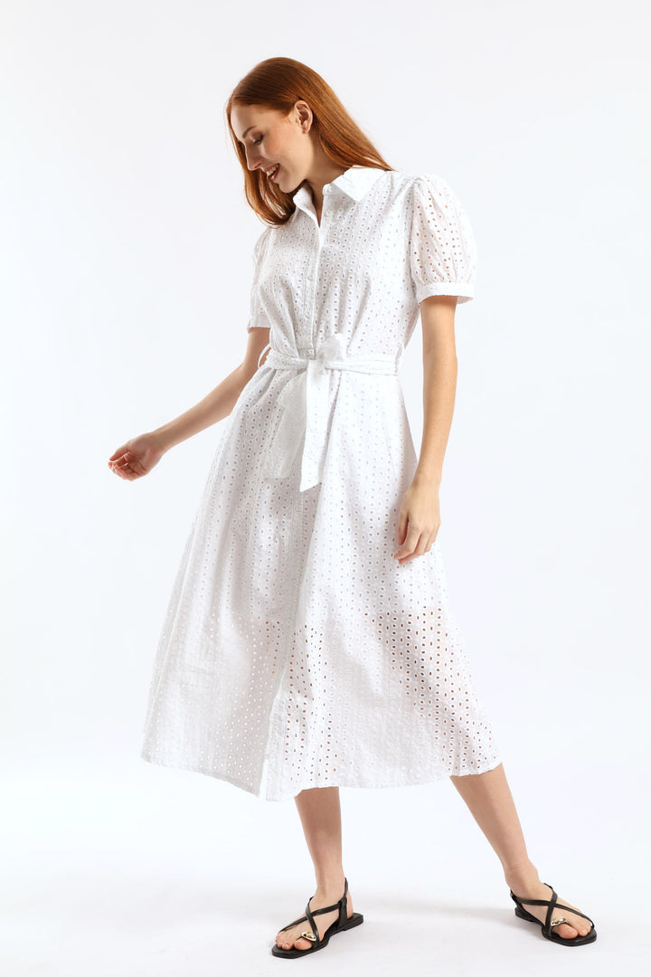 Puff Sleeve Self Belt Anglaise Shirt Midi Dress - White