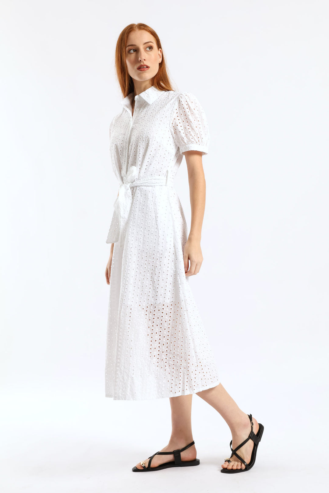 Puff Sleeve Self Belt Anglaise Shirt Midi Dress - White