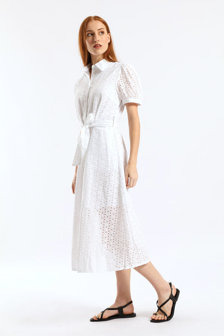 Puff Sleeve Self Belt Anglaise Shirt Midi Dress - White