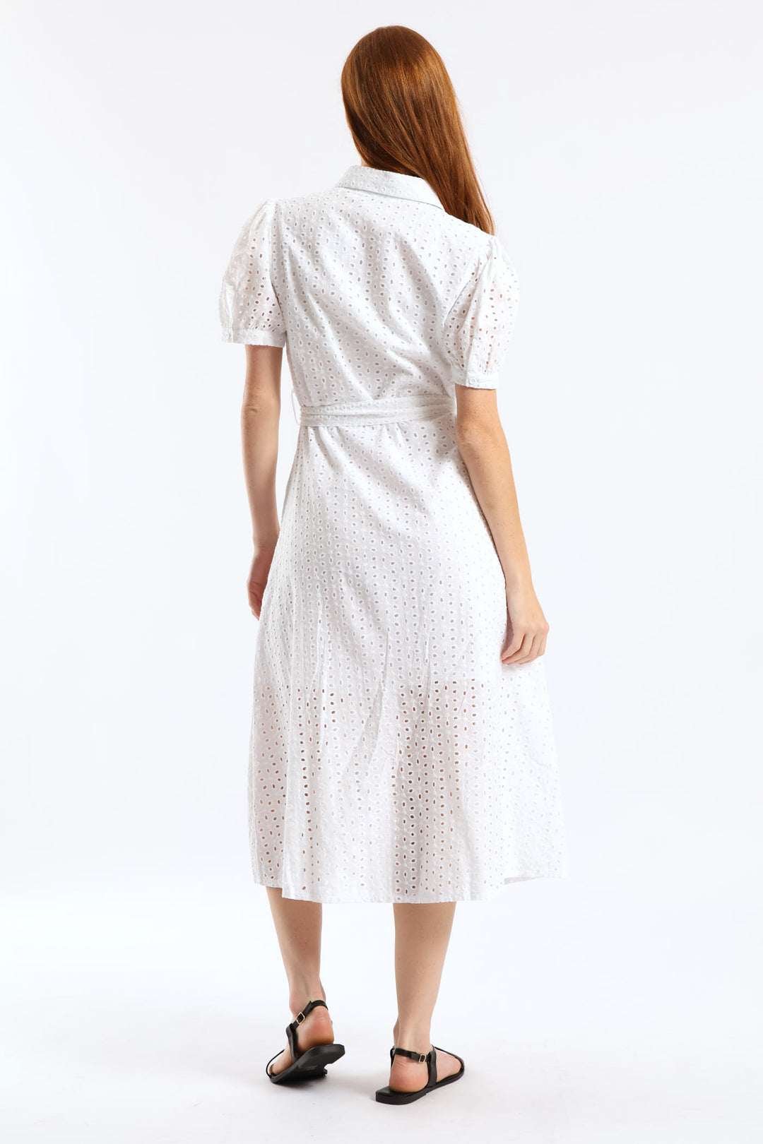 Puff Sleeve Self Belt Anglaise Shirt Midi Dress - White