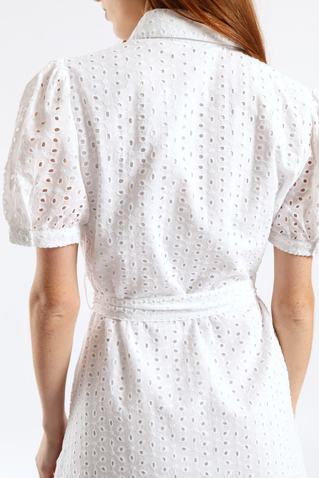 Puff Sleeve Self Belt Anglaise Shirt Midi Dress - White