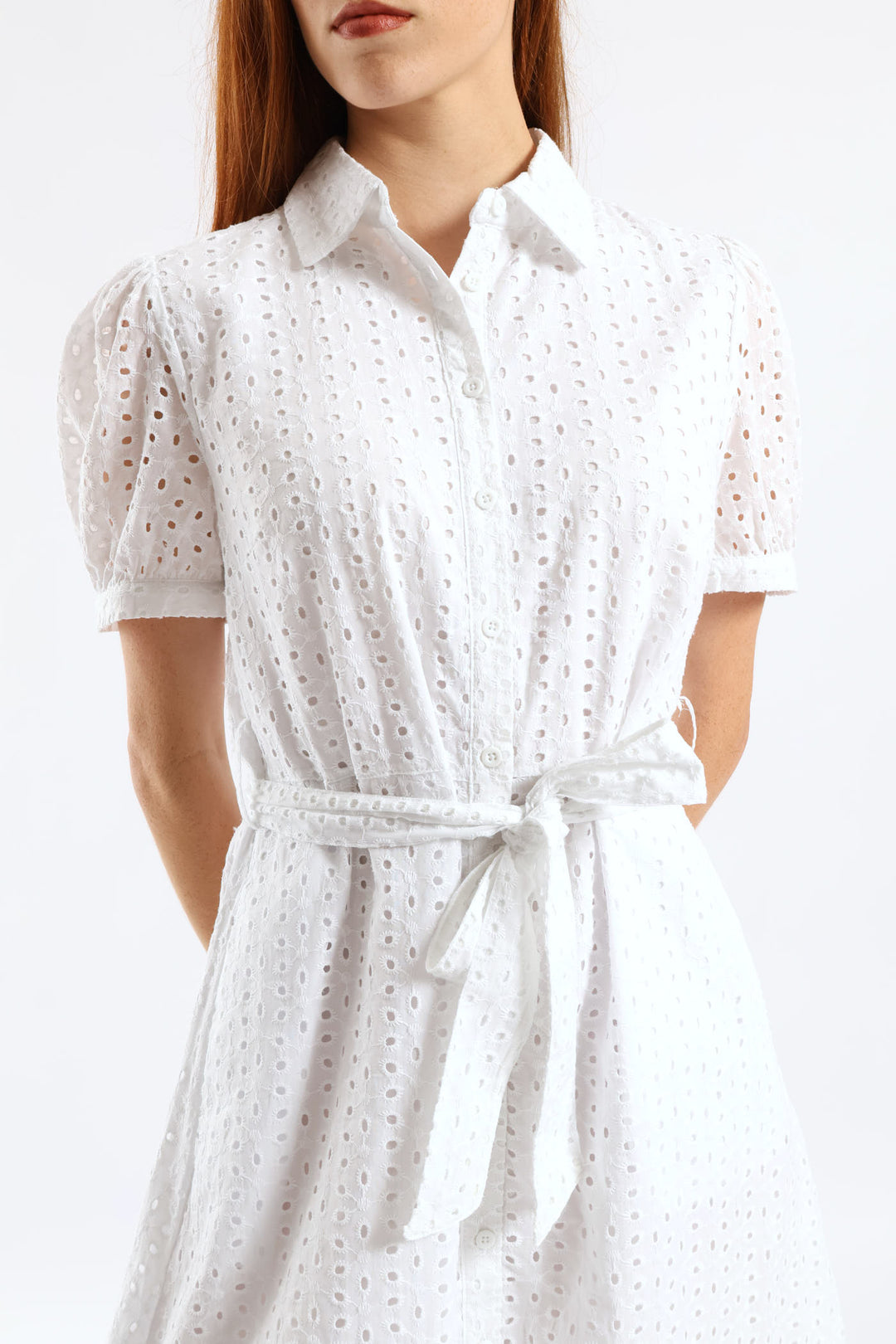 Puff Sleeve Self Belt Anglaise Shirt Midi Dress - White