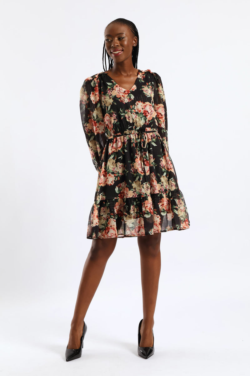 V-Neck Frill Hem Floral Tea Dress - Cream/Green