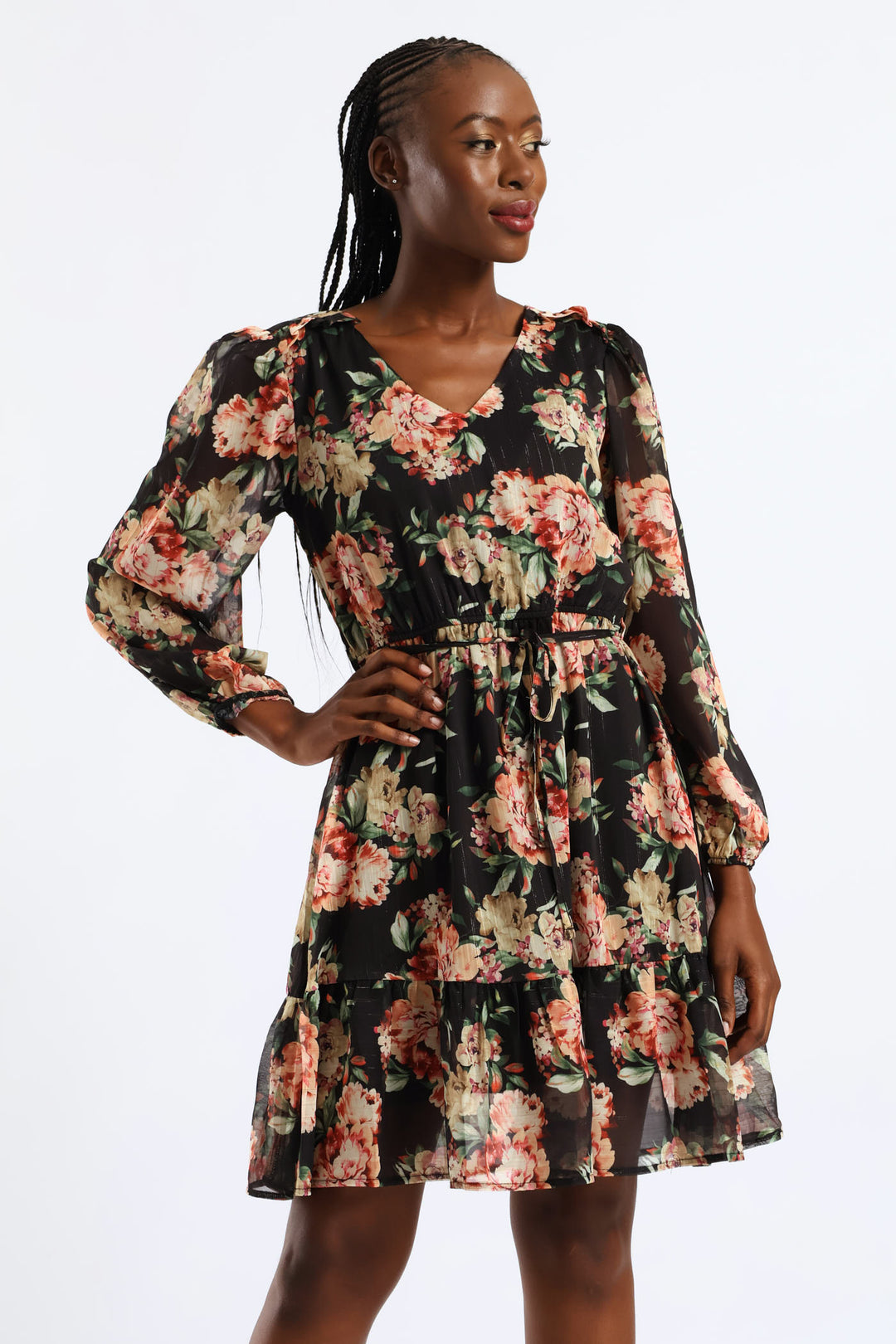 V-Neck Frill Hem Floral Tea Dress - Cream/Green