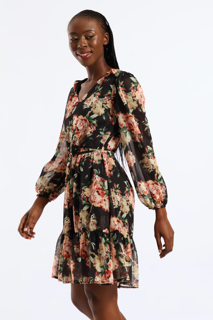 V-Neck Frill Hem Floral Tea Dress - Cream/Green