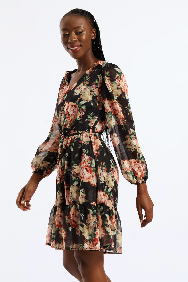 V-Neck Frill Hem Floral Tea Dress - Cream/Green