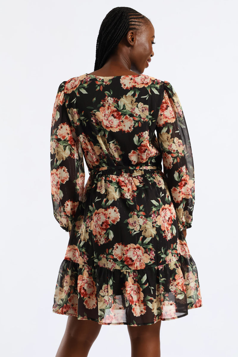 V-Neck Frill Hem Floral Tea Dress - Cream/Green