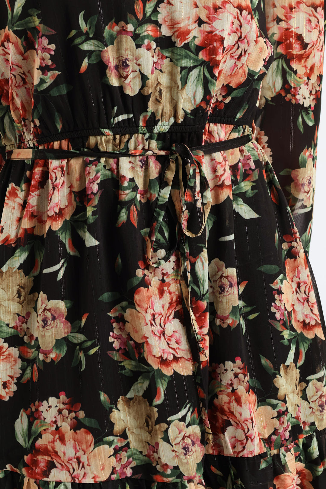 V-Neck Frill Hem Floral Tea Dress - Cream/Green