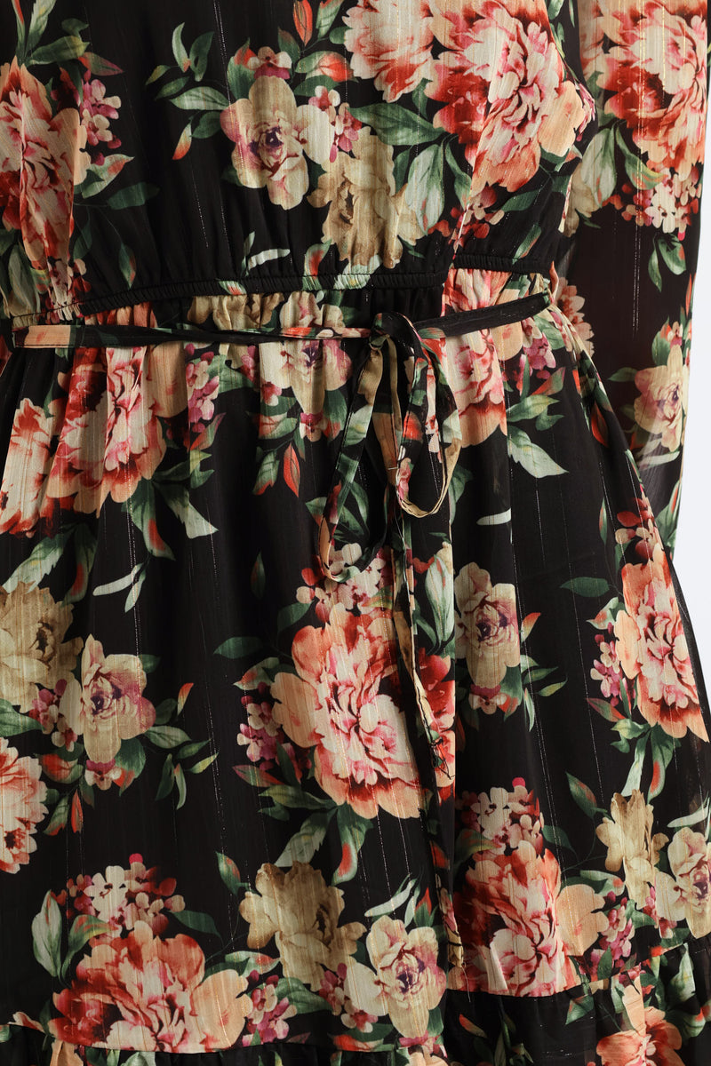 V-Neck Frill Hem Floral Tea Dress - Cream/Green