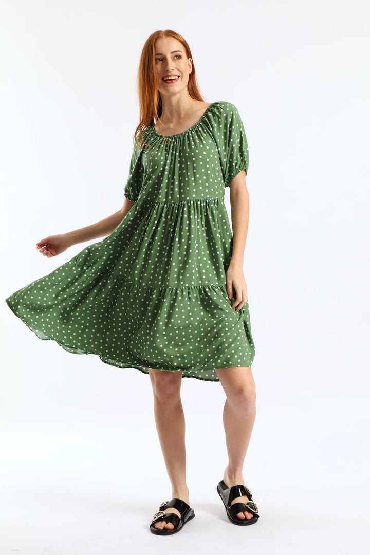 Tiered Gypsy Mini Dress - Eucalyptus Green