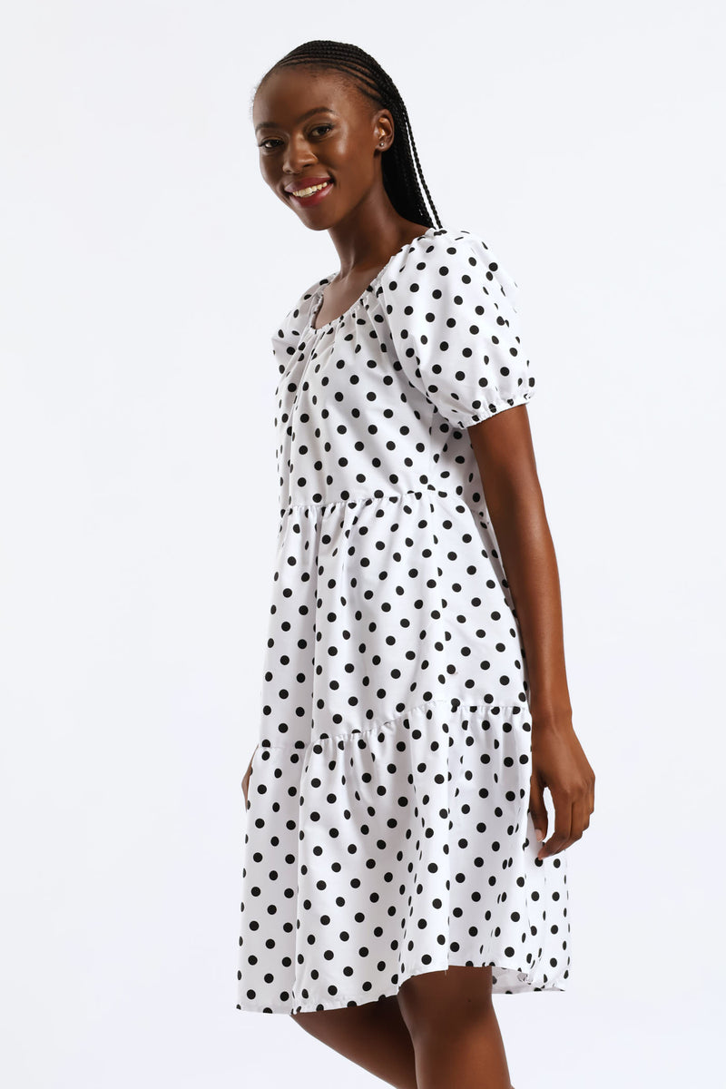 Tiered Gypsy Mini Dress - White/Black