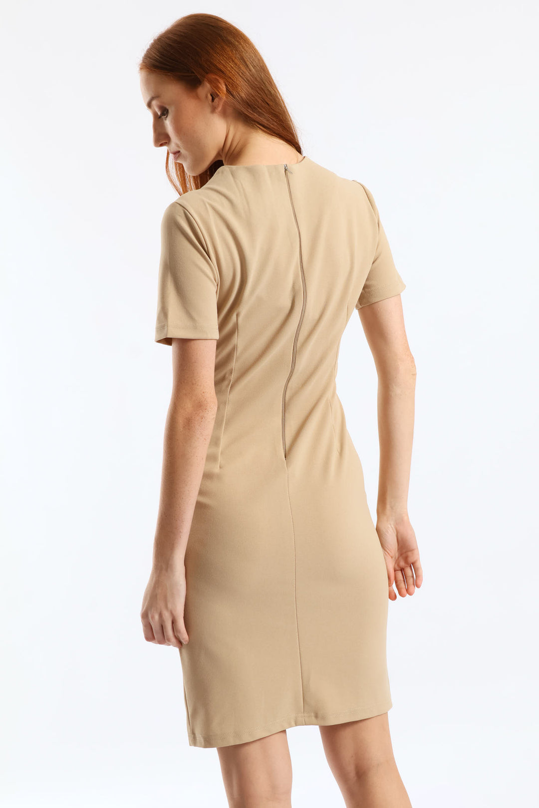 Button Panel Slit Hem Bodycon Dress - Stone