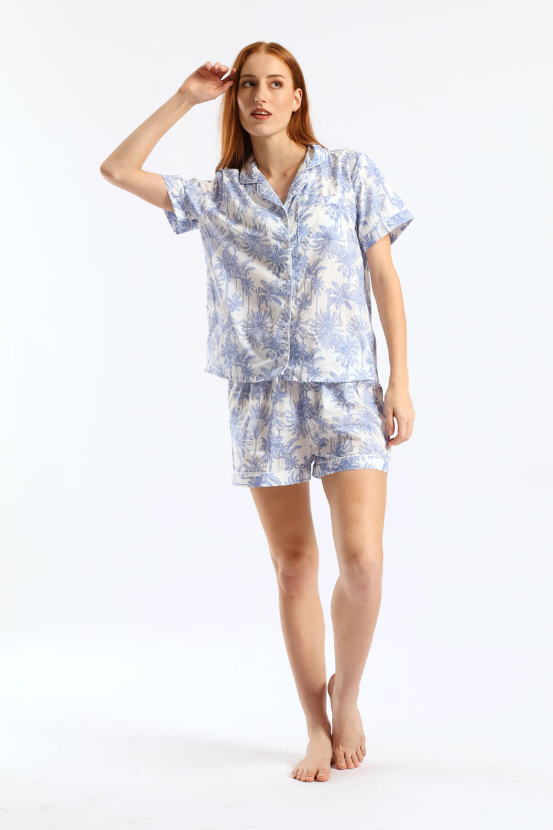 Button Through Cotton Palms Short Set - White/Blue