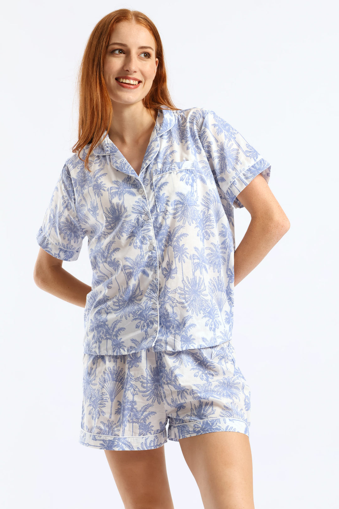 Button Through Cotton Palms Short Set - White/Blue