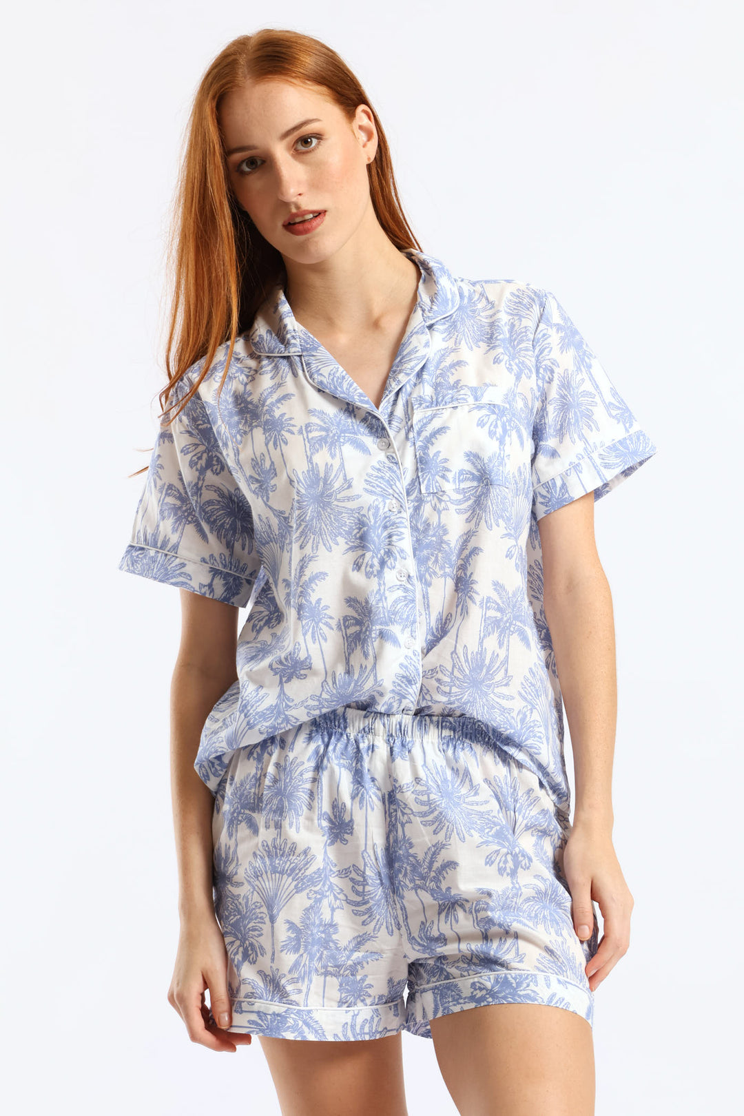 Button Through Cotton Palms Short Set - White/Blue