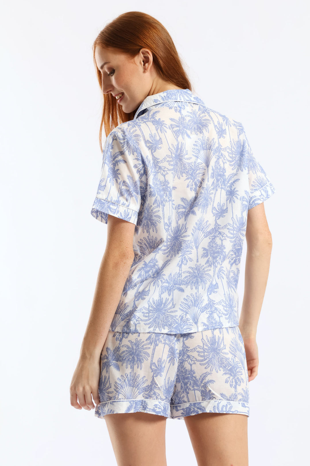 Button Through Cotton Palms Short Set - White/Blue