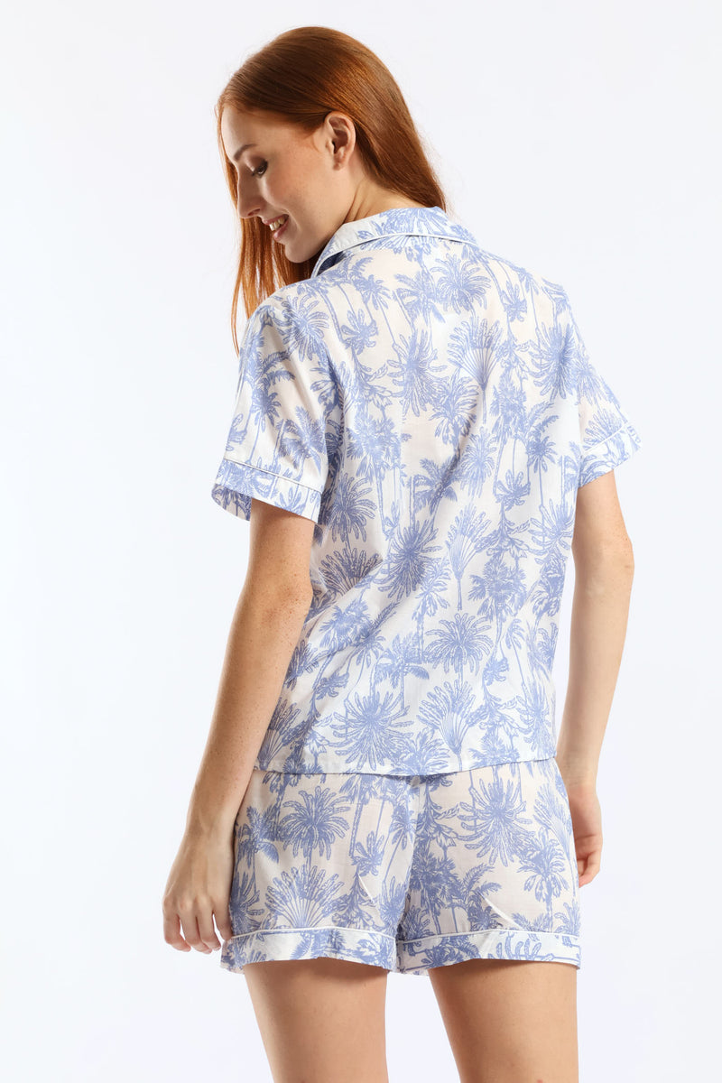 Button Through Cotton Palms Short Set - White/Blue