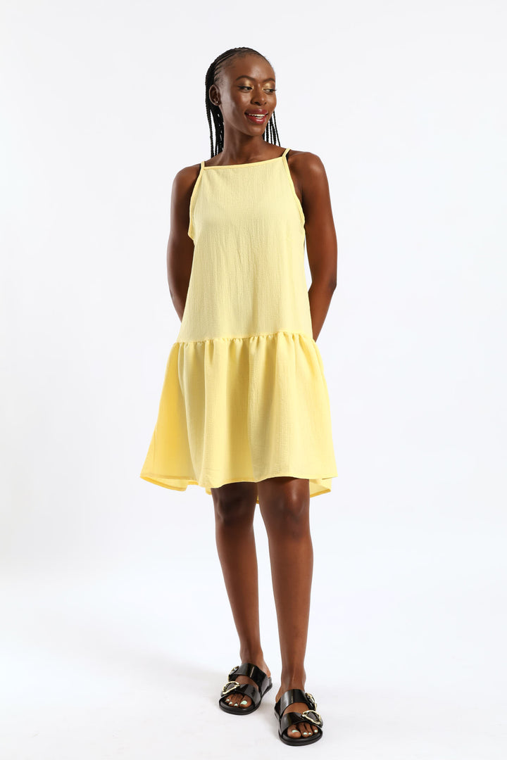 Hi-Neck Drop Waist Mini Dress - Pastel Yellow