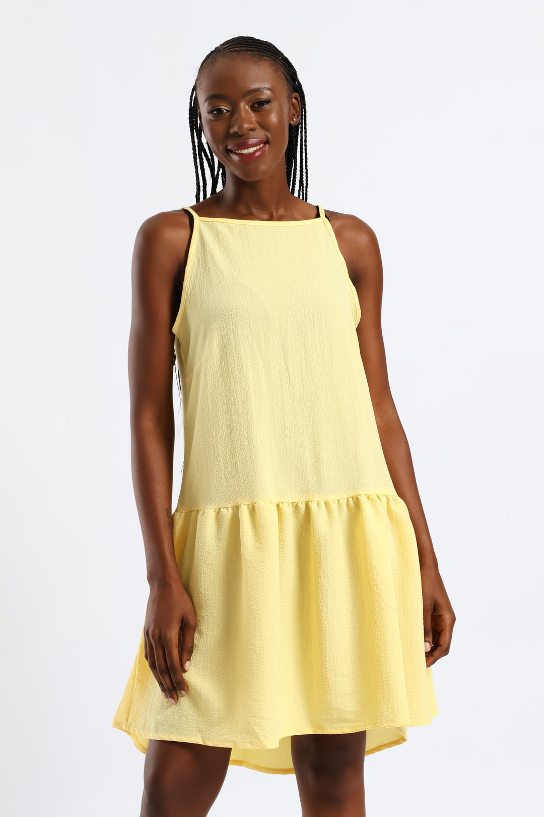 Hi-Neck Drop Waist Mini Dress - Pastel Yellow