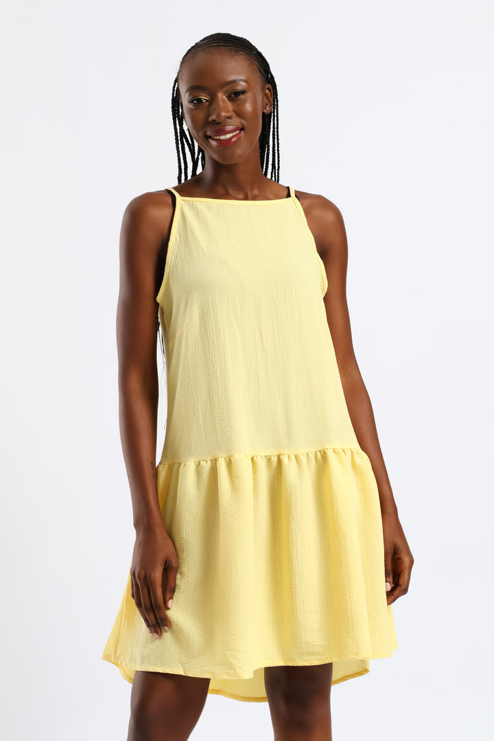 Hi-Neck Drop Waist Mini Dress - Pastel Yellow