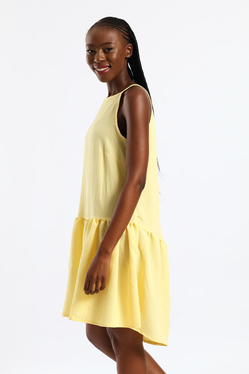 Hi-Neck Drop Waist Mini Dress - Pastel Yellow